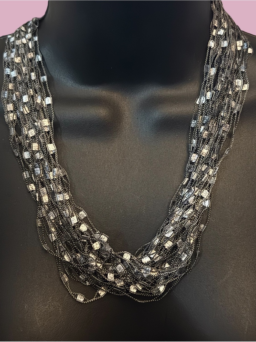 Metallic silver fabric scarf necklace